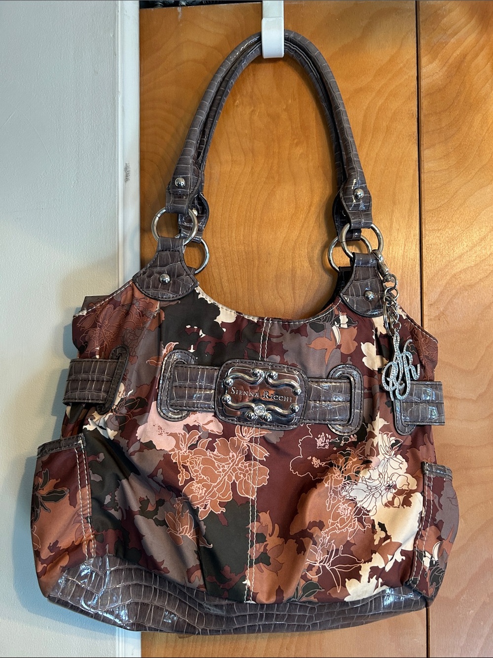 Sienna Ricchi Brown Floral Shoulder Bag with Croc-Trim